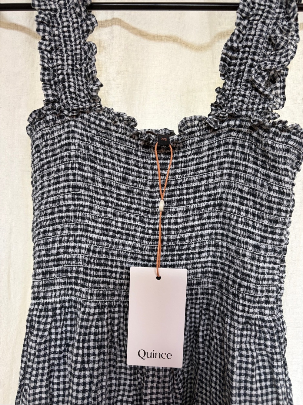 Quince 100% European Linen Smocked Midi Dress - Min Gingham Black/White - Picture 4 of 5